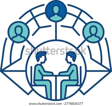global networking, business consultation, and remote team management. Ideal for corporate presentations, HR website headers, and marketing materials focusing on collaboration and digital connectivity. Scalable flat line art.
