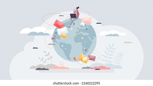 Global networking and data connection links around globe tiny person concept. Information exchange using social media or internet vector illustration. Email letter writing for digital communication.