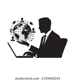 Red global y comunicación digital ilustrada por una persona y un ordenador portátil