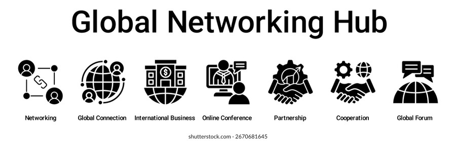 Concepto de Ilustración vectorial de ícono de Web de Anuncio de Global Networking Hub para negocios con ícono de Networking, Conexión Global, Negocios Internacionales, Conferencia en Línea, Alianza, Cooperación, Global .