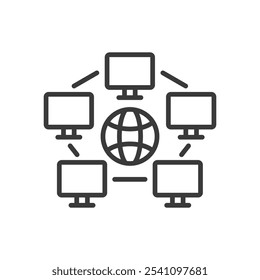 Global networking, icon in line design. Global, networking, connection, communication, internet, data, connectivity, worldwide on white background vector. Global networking editable stroke icon