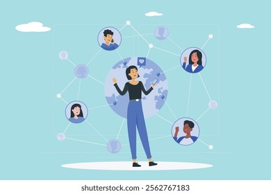 Global networking illustration. Person connected to people worldwide through a smartphone, representing digital connectivity and social interaction.