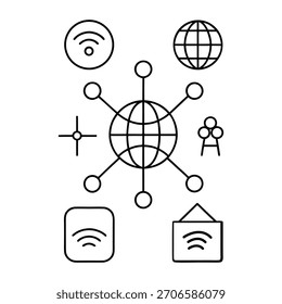 Globales Netzwerk und Internet der Dinge (IoT) Line Icon Set. Vektorgrafik mit Symbolen für drahtlose Konnektivität, digitale Kommunikation, WiFi-Signale und Datenübertragung.

