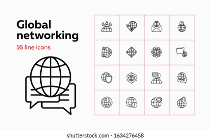Global networking line icon set. Meeting, startup, map location. International business concept. Can be used for topics like communication, negotiation, navigation