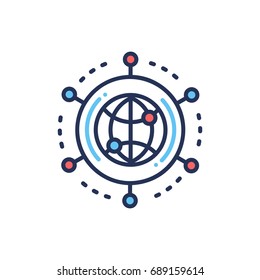 Global Networking - Modern Vector Single Line Design Icon. Globe, Planet, Colleague, Partnership, Work, Job, Employee, Circle, Organization, Social, Group, Reach, System, Company, Firm, Connection.