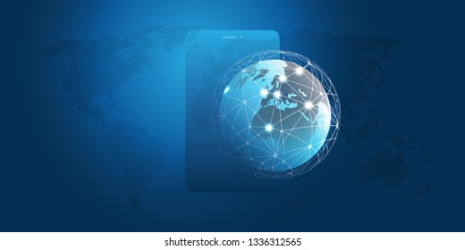 Global Networks Design with Network Mesh, Earth Globe and Smartphone Silhouette - Vector Template for Your Business