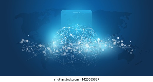 Diseño de redes globales con mapa mundial, malla de red y silueta de Smartphone - Plantilla de vectores para su empresa