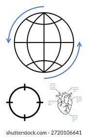 Redes globales, integración tecnológica, investigación biomédica, innovación sanitaria, navegación, precisión. Visual muestra un globo con flechas, un punto de mira y un corazón esquemático. Redes mundiales