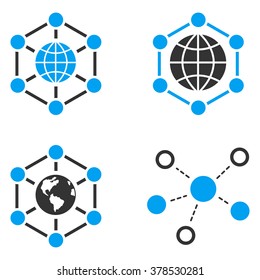 Global Networks vector icons. Style is flat bicolored symbols painted with blue and gray colors on a white background, angles are rounded.