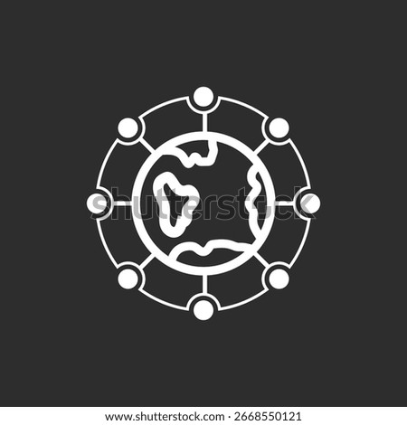 Global Neural Network Connection Icon in black  background – Earth with Connected Nodes Symbolizing Worldwide Communication and Technology, Abstract illustrator icon