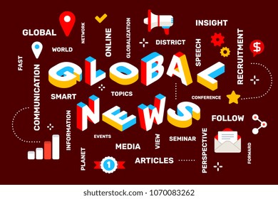 Global news concept on dark color background with icon, keyword. Vector creative horizontal illustration of 3d word lettering typography. Isometric template design for business web banner