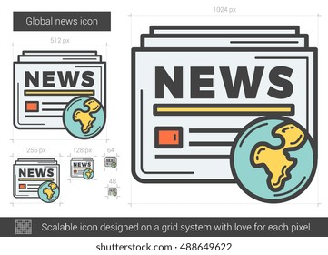 Global news vector line icon isolated on white background. Global news line icon for infographic, website or app. Scalable icon designed on a grid system.
