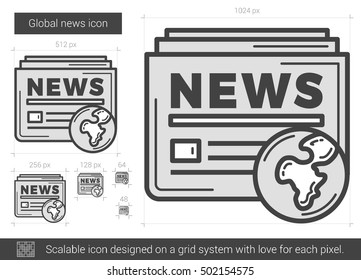 Global news vector line icon isolated on white background. Global news line icon for infographic, website or app. Scalable icon designed on a grid system.