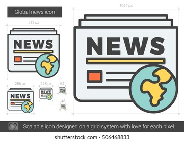 Global news vector line icon isolated on white background. Global news line icon for infographic, website or app. Scalable icon designed on a grid system.