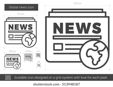 Icono de línea vectorial de noticias globales aislado en fondo blanco. Icono de línea de noticias global para infografía, sitio web o aplicación. Icono escalable diseñado en un sistema de cuadrícula.