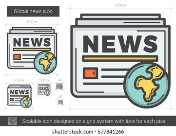 Ícone de linha vetorial de notícias globais isolado no fundo branco. Ícone de linha de notícias globais para infográfico, site ou aplicativo. Ícone escalável projetado em um sistema de grade.