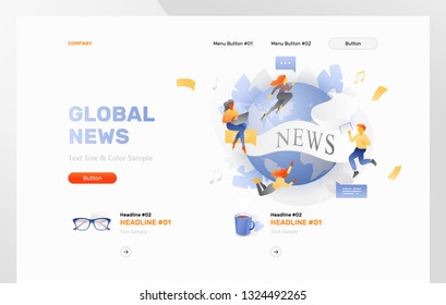 Global news vector metaphor. Website header template with little people characters over a white banner with NEWS world around the globe.