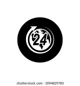 Global Non Stop Icon Circle Background Black Color Isolated.Globe And 24 Vector Illustration. 24 Hours Service.