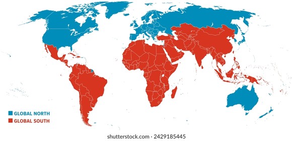 Global North and Global South, political map of the World showing countries classified by their economics. Developed countries highlighted in blue, and developing and least developed countries in red.