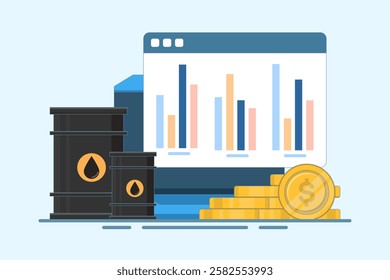 Global oil barrel trading market concept, Oil barrel with gold coins, computer screen on isolated background, digital marketing. Flat design illustration on background.