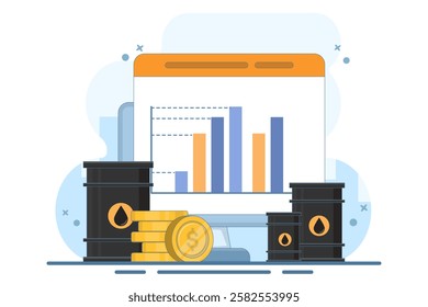 Global oil barrel trading market concept, Oil barrel with gold coins, computer screen on isolated background, digital marketing. Flat design illustration on background.