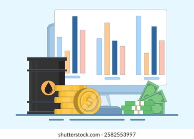 Global oil barrel trading market concept, Oil barrel with gold coins, computer screen on isolated background, digital marketing. Flat design illustration on background.