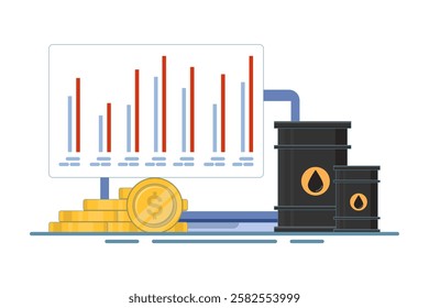 Global oil barrel trading market concept, Oil barrel with gold coins, computer screen on isolated background, digital marketing. Flat design illustration on background.