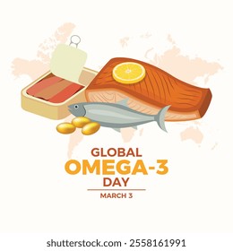 Global Omega-3 Day poster vector illustration. Fish oil supplement, canned sardines, salmon fillet icon set vector. Template for background, banner, card. March 3 every year. Important day