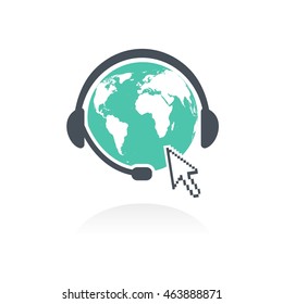 global online and call center and support, headset concept. vector illustration