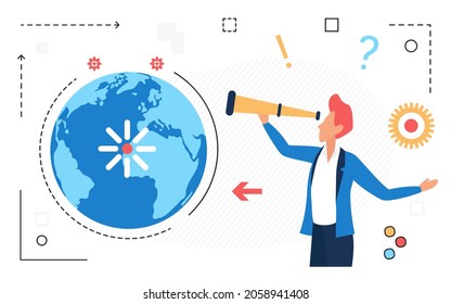 Global online communication digital technology vector illustration. Cartoon businessman looking forward through telescope spyglass isolated on white