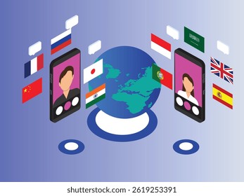 global online communication and language exchange, with two smartphones showing portraits of individuals surrounded by speech bubbles and flags from various countries 3d isometric vector
