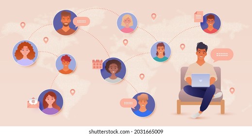 Global online communication vector illustration. Using laptop computer connecting together with people. Working and learning anywhere concept.