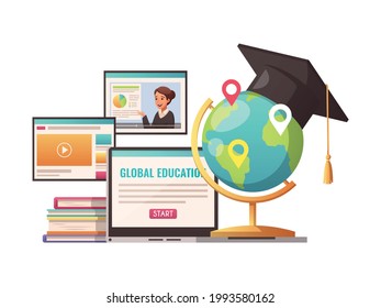 Global online education cartoon composition with laptop globe and books on white background vector illustration