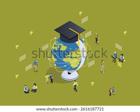 Global Online Education and E-Learning Concept with Graduation Cap and Digital Connections 3d flat vector illustrations