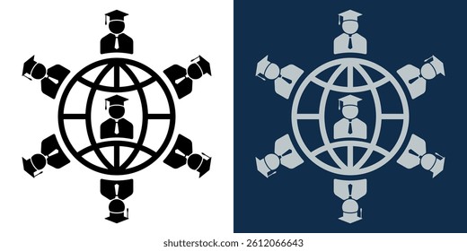Global online education network. Virtual graduation concept. Students connected globally through digital network. Graduation cap icons around globe. Distance learning, e-learning, virtual classes