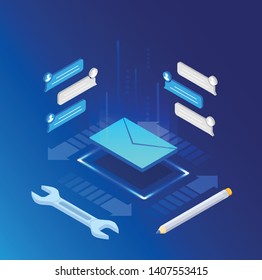 Global online email marketing. Vector isometric background design. Template for banner, landing page. Icon, symbol for web and app. Customer, user service strategy. Digital technology illustration. 