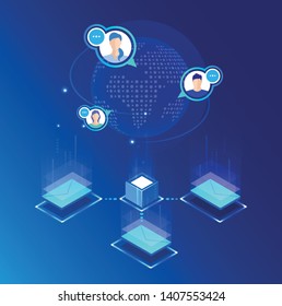 Global online email marketing. Vector isometric background design. Template for banner, landing page. Icon, symbol for web and app. Customer, user service strategy. Digital technology illustration.