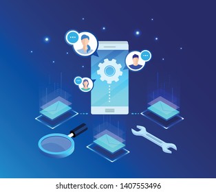 Global online email marketing. Vector isometric background design. Template for banner, landing page. Icon, symbol for web and app. Customer, user service strategy. Digital technology illustration.