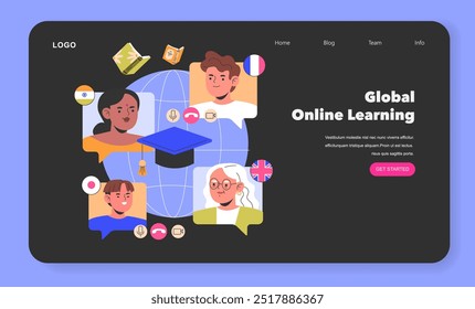 Conceito de aprendizado online global. Usuários diversificados se envolvem com a educação na internet em todo o mundo. Inclusividade e acessibilidade no e-learning. Ilustração vetorial.