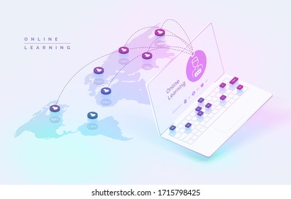 Aprendizaje global en línea. El proceso de autoeducación a distancia. Mapa del mundo con las comunicaciones entre los usuarios. Portátil realista con programa educativo. Aplicación educativa. Ilustración vectorial moderna