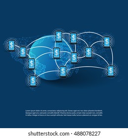 Concepto de sistemas de pago móvil global, transacciones, conexiones y redes mundiales, diseño de vectores