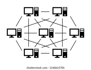 Global Online P2p System Computer Icon Linked Network Design Vector Illustration Template. Blockchain Crypto Currency Smart Contract Protocol Contain Cryptography Hash, Transaction Data Document.