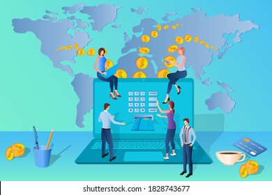 Global online payments.Businessmen transfer money all over the world.The concept of fast and secure money transfers.Isometric vector illustration.