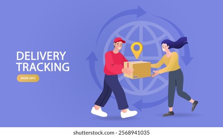 Global Online shopping. E-commerce concept. Online delivery service concept. Fast delivery via mobile phone. Smartphone marketing and e-commerce.  Vector outline illustration.