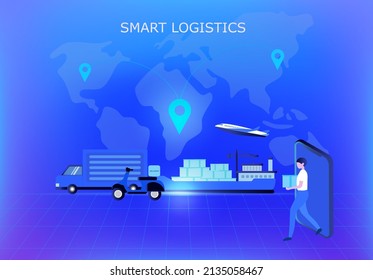 Global online smart logistics concept, Business logistics, shipping delivery  by truck, plane, motorbike with transportation technology vector illustration
