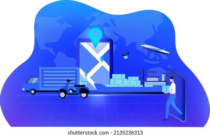 Concepto global de logística inteligente en línea, logística de negocios, envío por camión, avión, motocicleta con tecnología de transporte ilustración vectorial