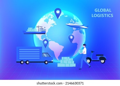 Global online smart logistics concept, Business logistics, shipping delivery  by truck, plane, motorbike with transportation technology vector illustration