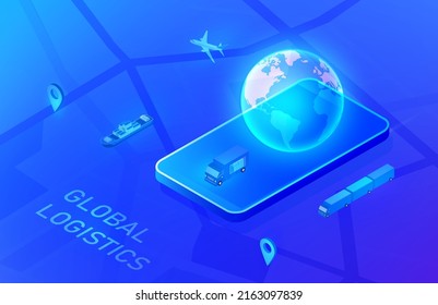 Global online smart logistics concept, Business logistics, shipping delivery  by truck, ship and  plane, with transportation technology vector illustration