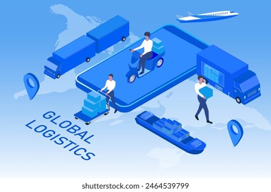 Global online smart logistics concept, Business logistics, shipping delivery  by truck, ship and  plane, with transportation technology vector illustration