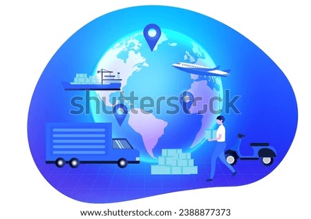 Global online smart logistics concept, Business logistics, shipping delivery  by truck, plane, motorbike with transportation technology vector illustration